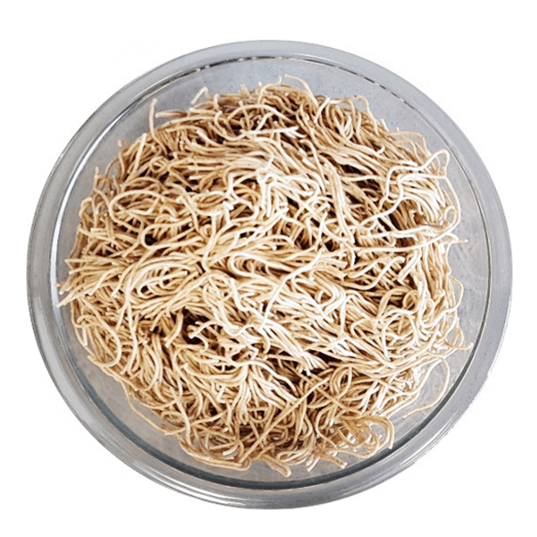 Bowl of brown Japanese inspired buckwheat noodles