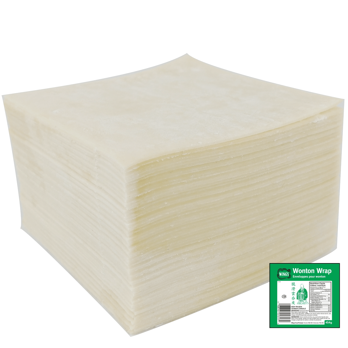 01310 Wonton Wraps Stack of square shaped wonton wrappers with packaged product thumbnail on the side